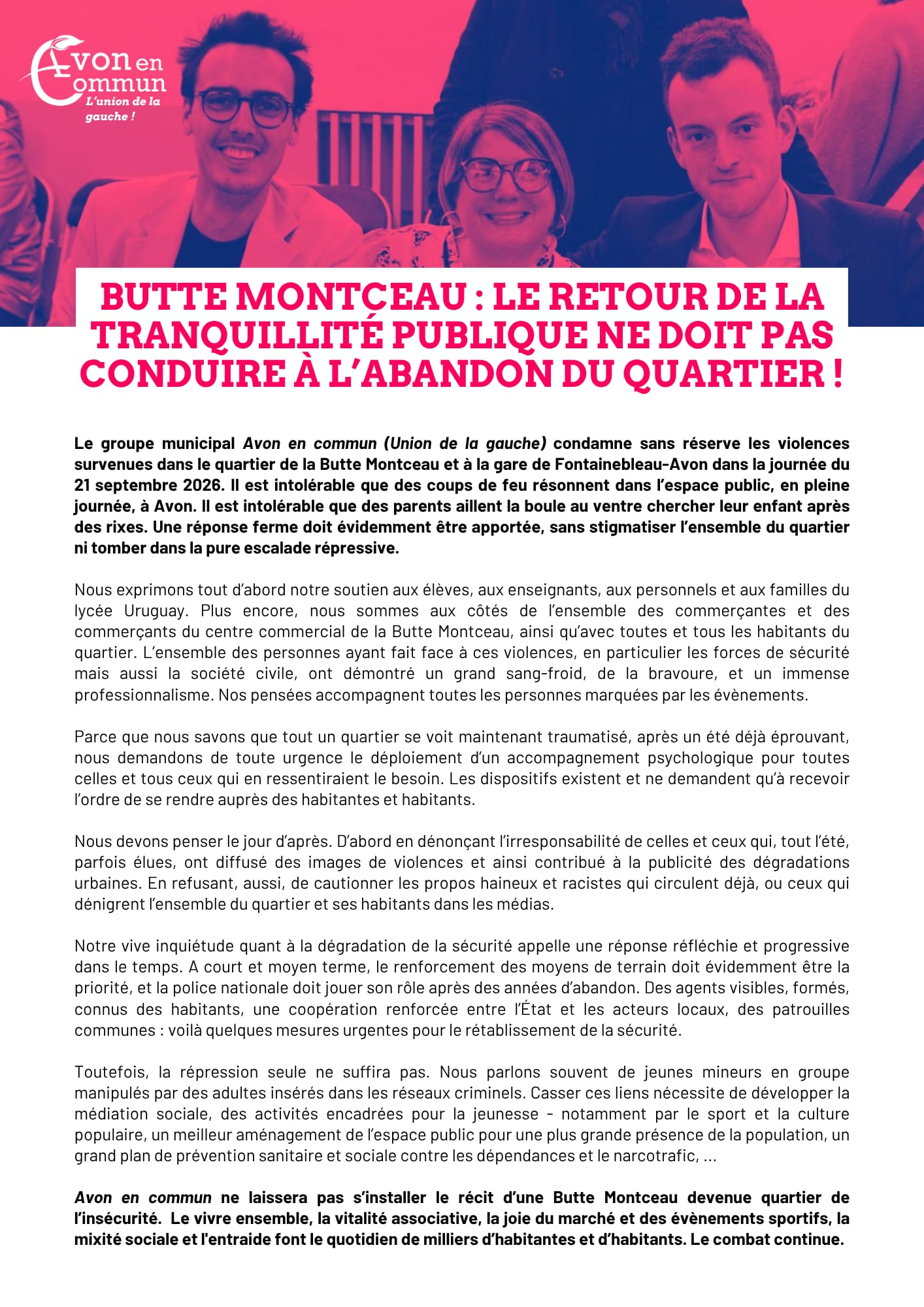 Communiqué d'Avon en Commun sur la Butte Montceau